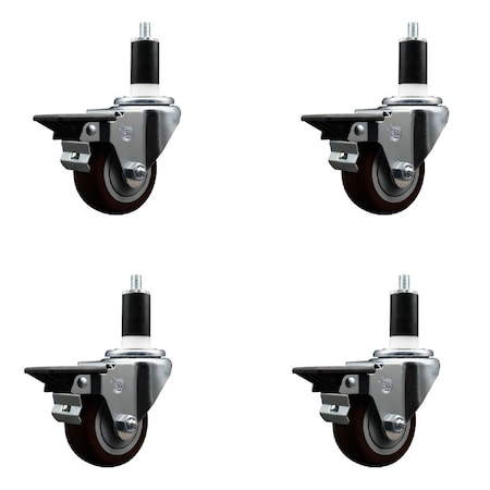 Service Caster 3'' Maroon Poly Swivel 1-3/8'' Expanding Stem Caster Set with Brake, 4PK SCC-EX20S314-PPUB-MRN-PLB-138-4